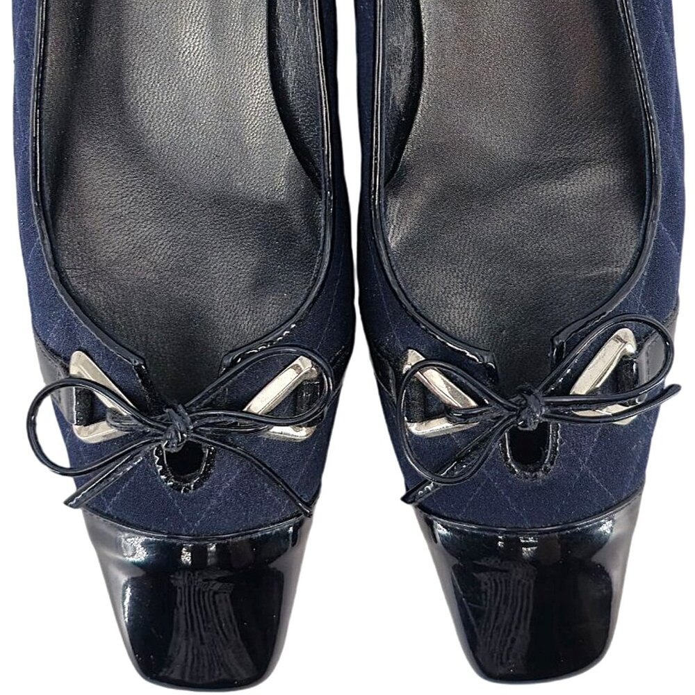 Stuart Weitzman 8.5AAAA Navy Crepe Fabric Black Leather Dress Bow Heels Womens - Picture 2 of 15